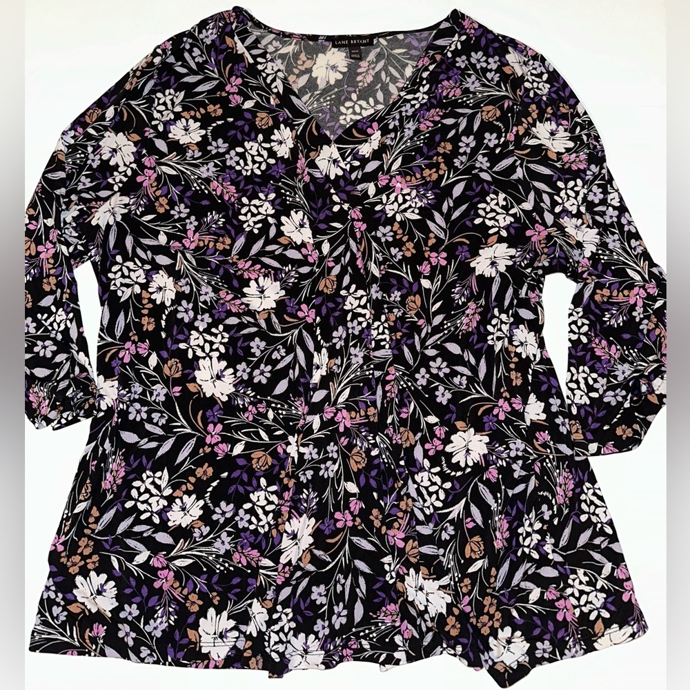 Lane Bryant Black Floral V-Neck Long Sleeve Blouse Size 18/20 Soft Stretchy Plus